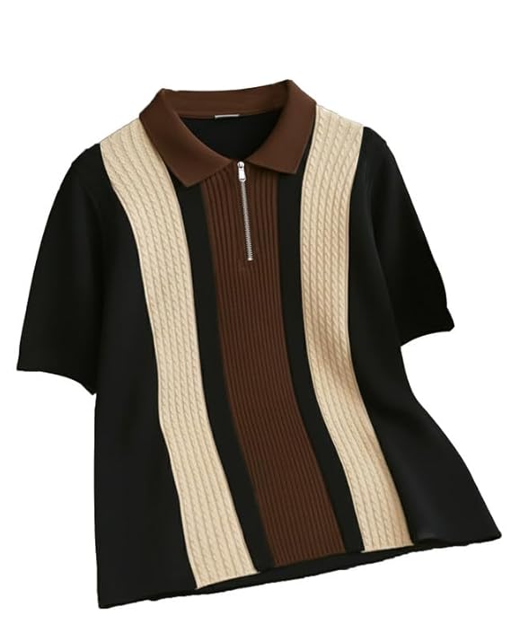 AUSK Men's Retro Cable-Knit Quarter-Zip Polo | Premium Textured Self-Design Half Sleeve T-Shirt for Menv Product